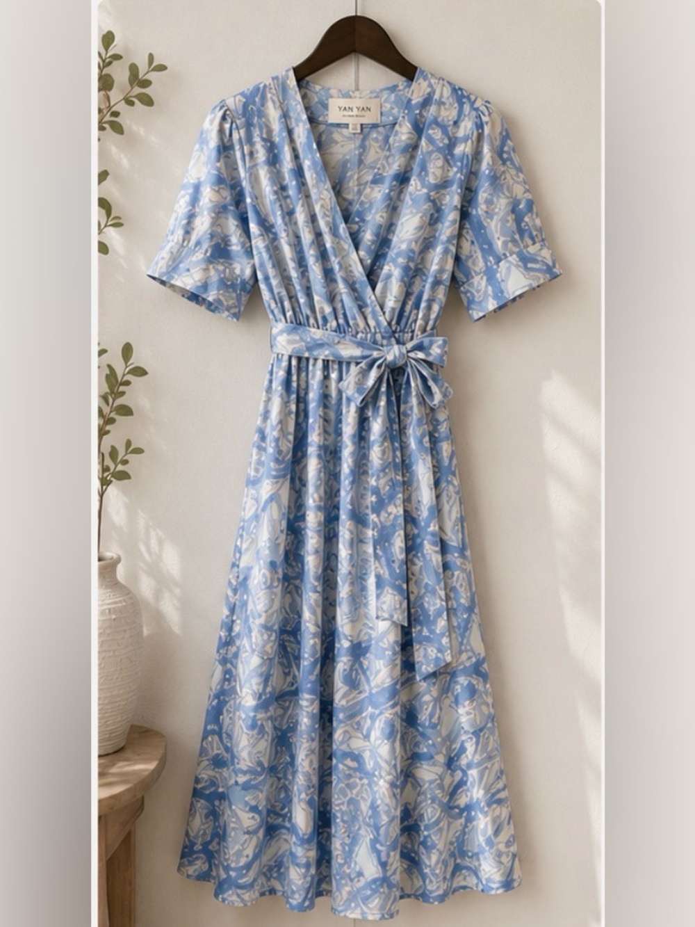 YanYan Blue and White Floral Wrap Midi Dress